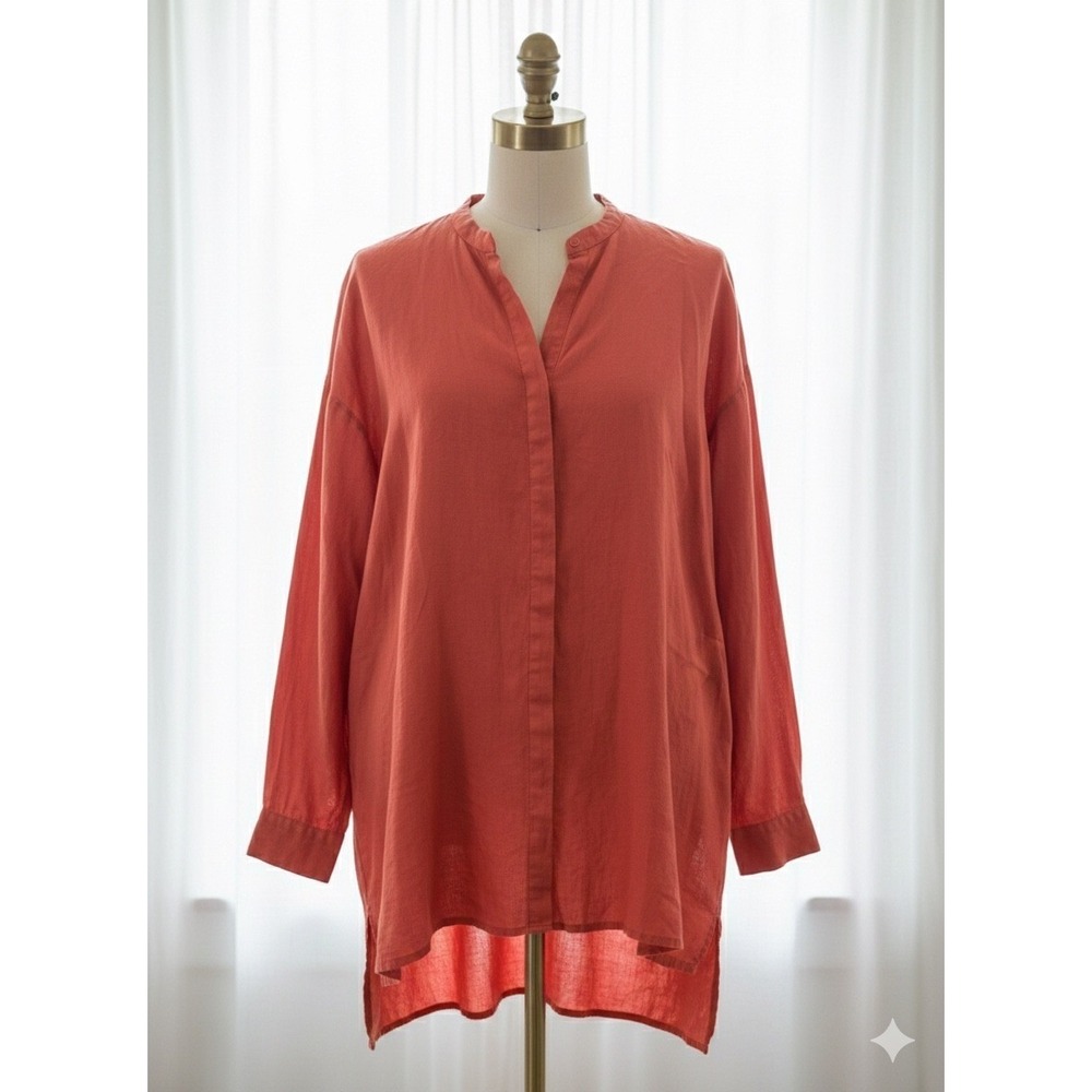 Eileen Fisher Organic Linen Button Front Top Tunic Coral Orange Size Large